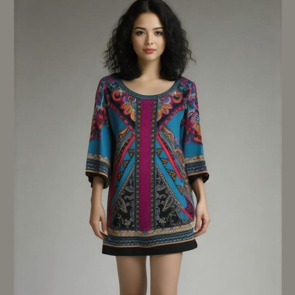 DeJaVu Teal Pink Ethnic Lightweight Colorful Festival Boho Summer Shift Dress L
